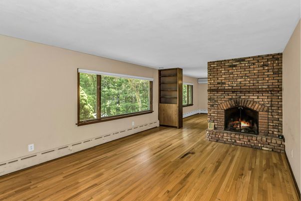 Empty room, Fireplace, Interior, Stone Walls, Wood Texture Flooring