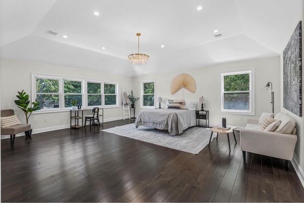 Bedroom, Chandelier, Interior, Pendant Lights, Recessed Lighting, Wood Texture Flooring