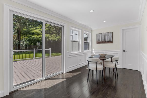 Dining room, Interior, Recessed Lighting, Wood Texture Flooring