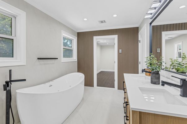 Bathroom, Dual Sink Vanities, Free Standing Baths, Interior, Recessed Lighting, Wood Texture Flooring