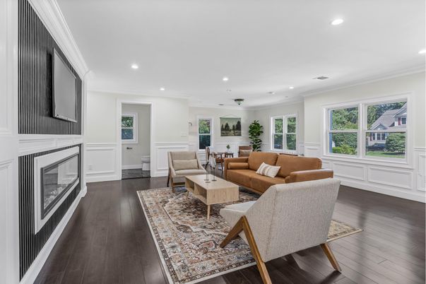 Fireplace, Interior, Living room, Recessed Lighting, Wood Texture Flooring