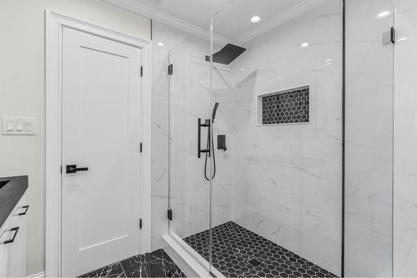 Bathroom, Glass Shower, Interior, Marble Walls, Recessed Lighting