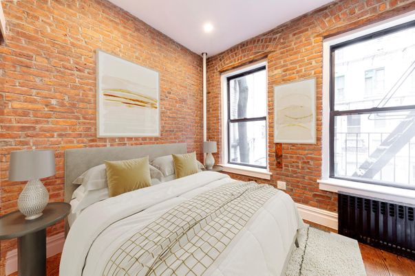 Bedroom, Interior, Recessed Lighting, Stone Walls, Wood Texture Flooring