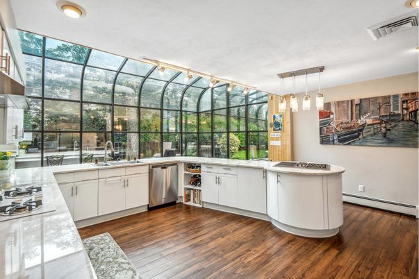 Glass Ceilings, Interior, Kitchen, Pendant Lights, Sun Room, Wood Texture Flooring
