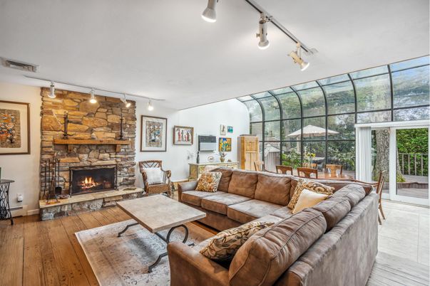 Fireplace, Interior, Living room, Stone Walls, Wood Texture Flooring