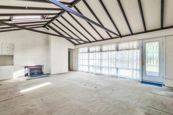 Empty room, Fireplace, Interior, Stone Walls, Wooden Beams