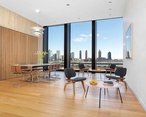 Dining room, Interior, Pendant Lights, Recessed Lighting, Water, Wood Texture Flooring