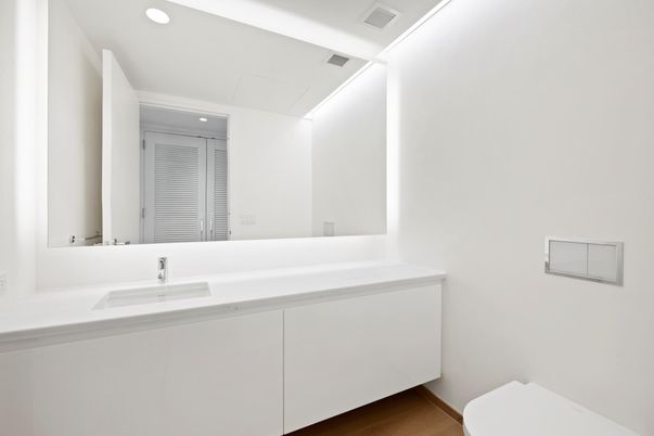 Bathroom, Dual Sink Vanities, Interior, Recessed Lighting, Wood Texture Flooring