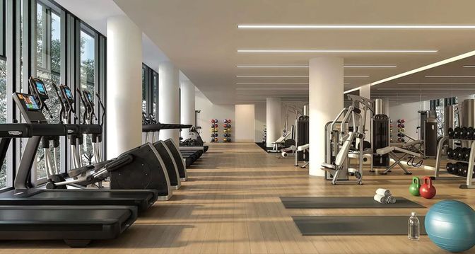 Fitness Equipment, Gym, Interior, Wood Texture Flooring