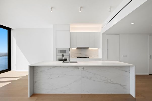 Interior, Kitchen, Marble Walls, Recessed Lighting, Water, Wood Texture Flooring