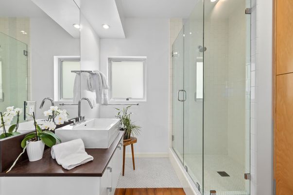 Bathroom, Glass Shower, Interior, Recessed Lighting, Wood Texture Flooring