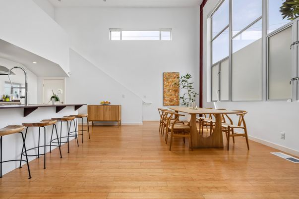 Dining room, Interior, Recessed Lighting, Wood Texture Flooring