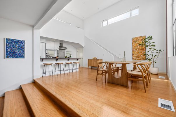 Dining room, Interior, Kitchen, Recessed Lighting, Wood Texture Flooring