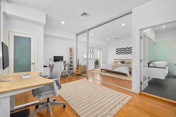 Bedroom, Home Office, Interior, Recessed Lighting, Wood Texture Flooring