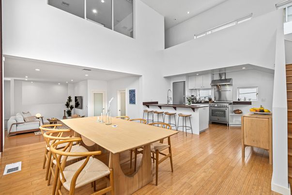 Dining room, Interior, Kitchen, Recessed Lighting, Stainless Steel Appliances, Wood Texture Flooring