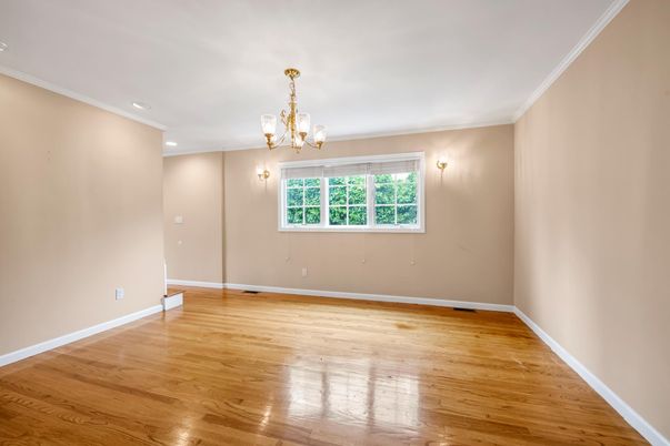 Chandelier, Empty room, Interior, Recessed Lighting, Wood Texture Flooring