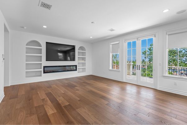 Empty room, Fireplace, Interior, Recessed Lighting, Wood Texture Flooring
