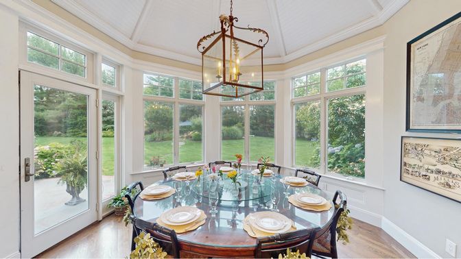 Dining room, Interior, Pendant Lights, Sun Room, Wood Texture Flooring