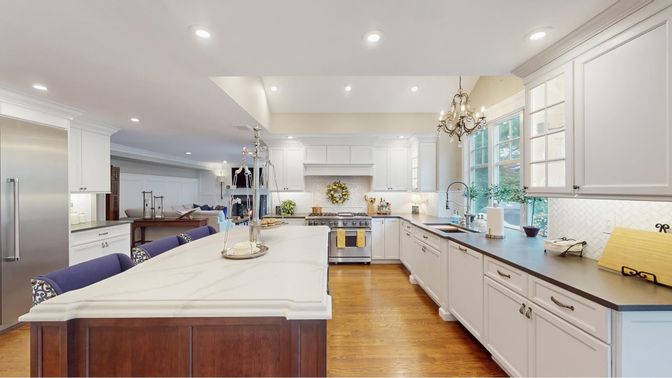 Chandelier, Interior, Kitchen, Recessed Lighting, Stainless Steel Appliances, Wood Texture Flooring
