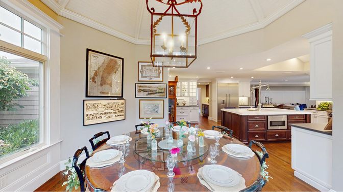 Dining room, Interior, Kitchen, Pendant Lights, Recessed Lighting, Wood Texture Flooring