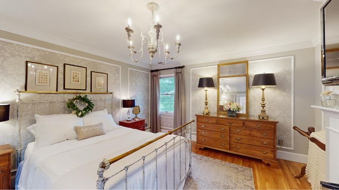 Bedroom, Chandelier, Interior, Wood Texture Flooring
