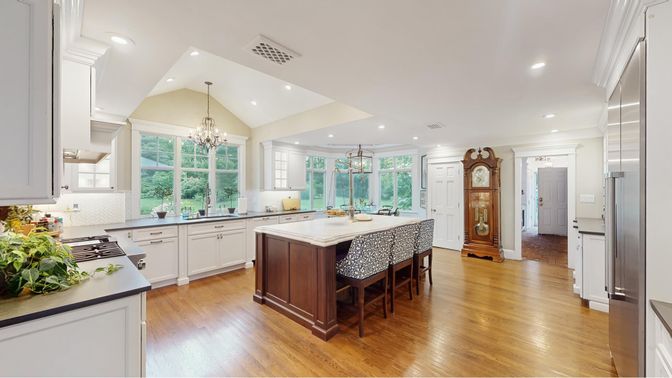 Chandelier, Interior, Kitchen, Recessed Lighting, Wood Texture Flooring