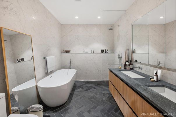 Bathroom, Dual Sink Vanities, Free Standing Baths, Glass Shower, Interior, Marble Walls, Recessed Lighting