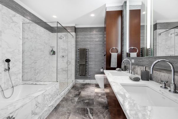 Bathroom, Dual Sink Vanities, Glass Shower, Interior, Marble Walls, Recessed Lighting