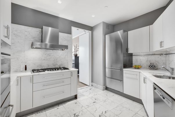 Interior, Kitchen, Marble, Marble Walls, Recessed Lighting, Stainless Steel Appliances