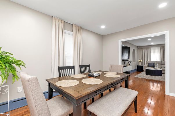 Dining room, Interior, Living room, Recessed Lighting, Wood Texture Flooring