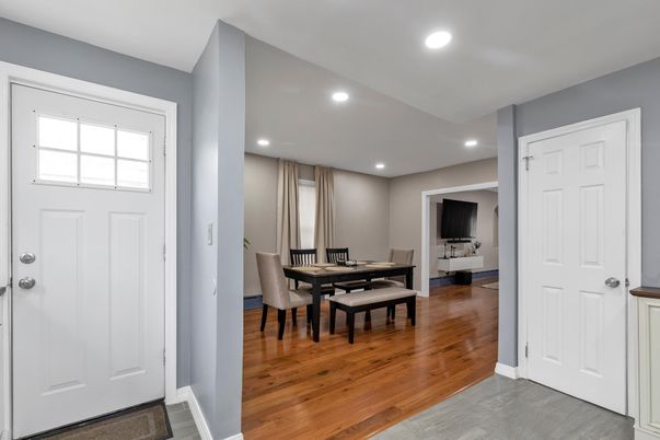 Dining room, Interior, Recessed Lighting, Wood Texture Flooring