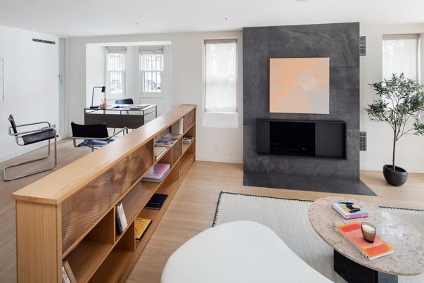 Fireplace, Home Office, Interior, Recessed Lighting, Wood Texture Flooring