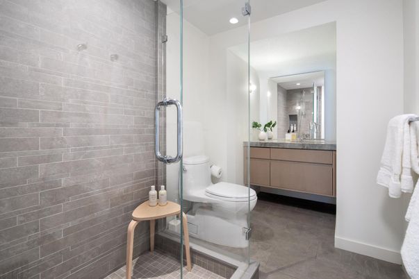 Bathroom, Glass Shower, Interior, Pendant Lights, Recessed Lighting, Stone Walls