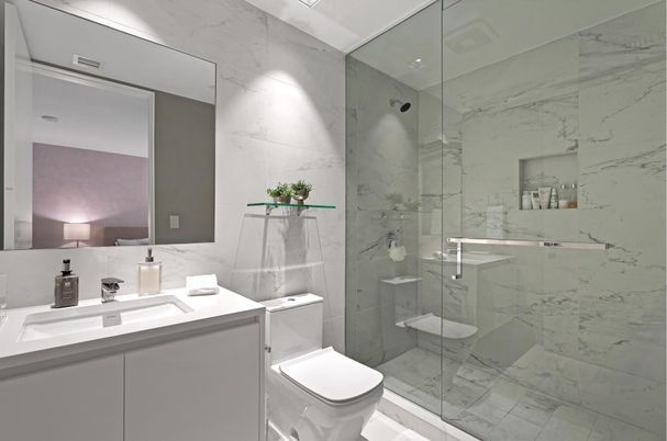 Bathroom, Glass Shower, Interior, Marble Walls
