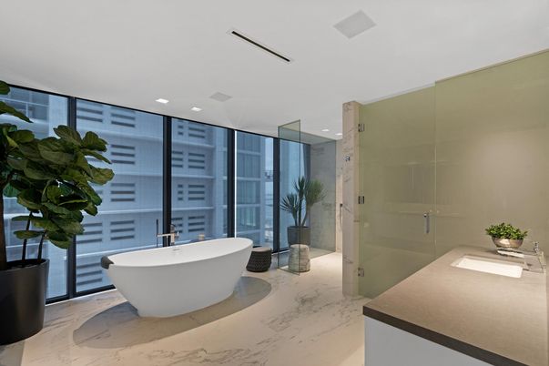 Bathroom, Free Standing Baths, Glass Shower, Interior, Marble, Recessed Lighting