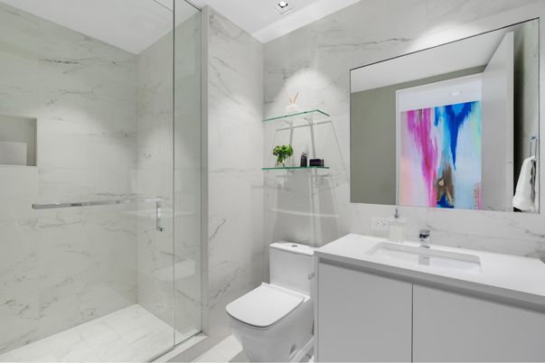 Bathroom, Glass Shower, Interior, Marble Walls