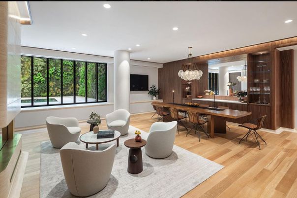 Chandelier, Interior, Living room, Recessed Lighting, Wood Texture Flooring