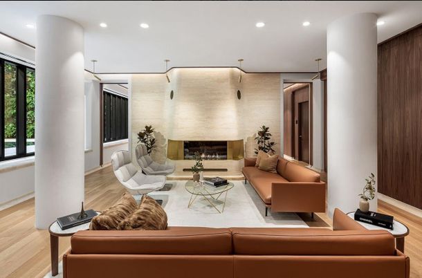 Fireplace, Interior, Living room, Recessed Lighting, Wood Texture Flooring