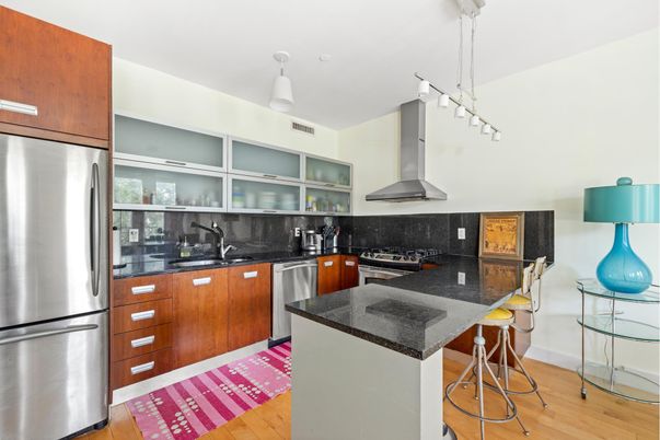 Interior, Kitchen, Pendant Lights, Stainless Steel Appliances, Wood Texture Flooring