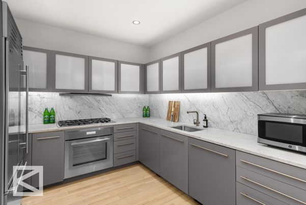 Interior, Kitchen, Marble Walls, Recessed Lighting, Stainless Steel Appliances, Wood Texture Flooring