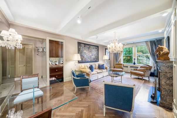 Chandelier, Dining room, Fireplace, Interior, Living room, Recessed Lighting, Wood Texture Flooring