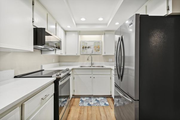 Interior, Kitchen, Recessed Lighting, Stainless Steel Appliances, Wood Texture Flooring