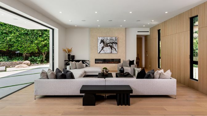 Fireplace, Interior, Living room, Recessed Lighting, Wood Texture Flooring