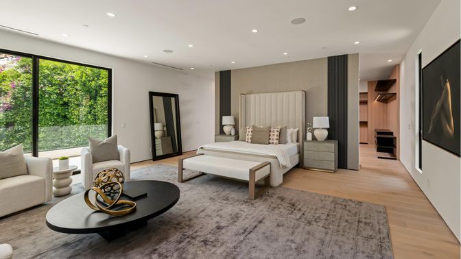 Bedroom, Interior, Recessed Lighting, Wood Texture Flooring