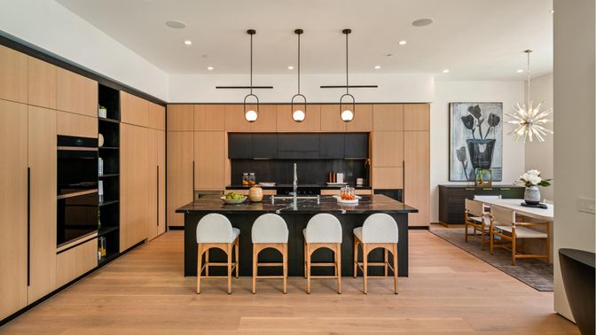 Dining room, Interior, Kitchen, Pendant Lights, Recessed Lighting, Wood Texture Flooring