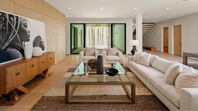 Interior, Living room, Recessed Lighting, Wood Texture Flooring