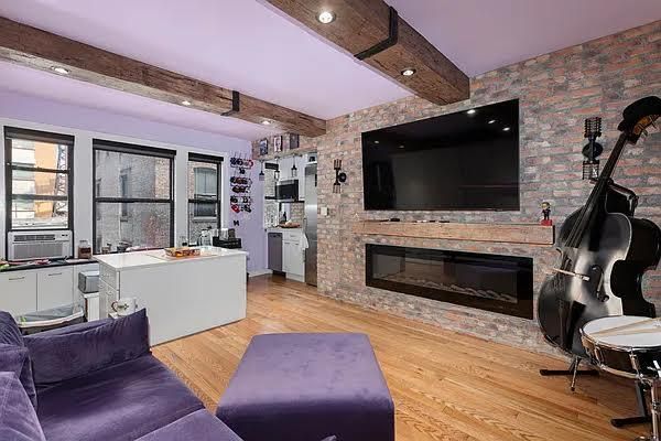Fireplace, Interior, Kitchen, Living room, Recessed Lighting, Stone Walls, Wooden Beams, Wood Texture Flooring