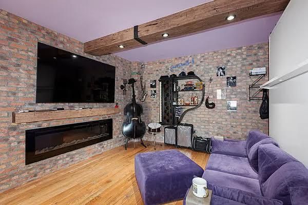 Fireplace, Interior, Living room, Recessed Lighting, Stone Walls, Wood Texture Flooring