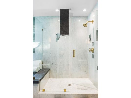 Bathroom, Glass Shower, Interior, Marble Walls, Recessed Lighting