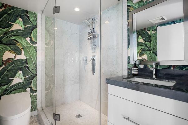 Bathroom, Glass Shower, Interior, Marble Walls, Recessed Lighting